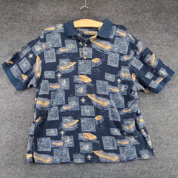 Munsingwear Men's Boat Print Polo Shirt Blue Large Compass Nautical 100% Cotton - Picture 2 of 12